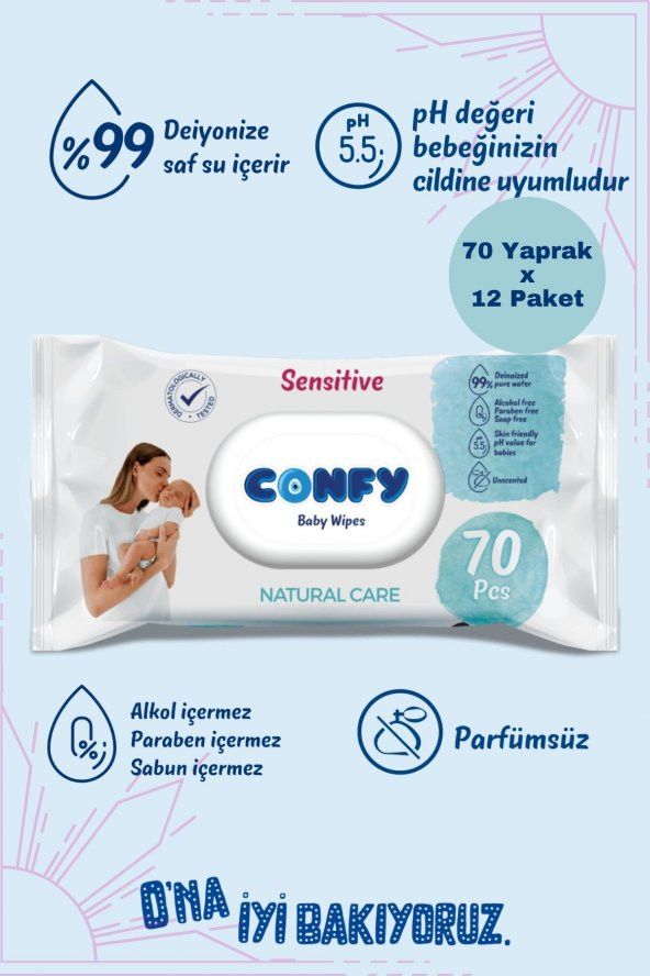 Confy Sensitive Bebeklere Özel Islak Mendil 12x70 - 840 Yaprak ürün görseli 1