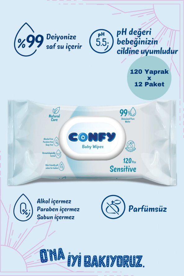 Confy Sensitive Bebeklere Özel Islak Mendil 12x120 - 1140 Yaprak ürün görseli 1