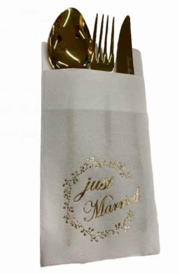 Gold Yaldızlı Beyaz Just Married Cepli Aır Touch Peçete 12 lı 40x40 ürün görseli 1