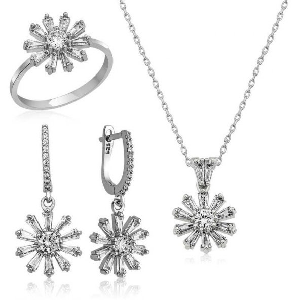 Gümüş Trapez Taşlı  Çiçek Bayan Set SL3476 ürün görseli 1