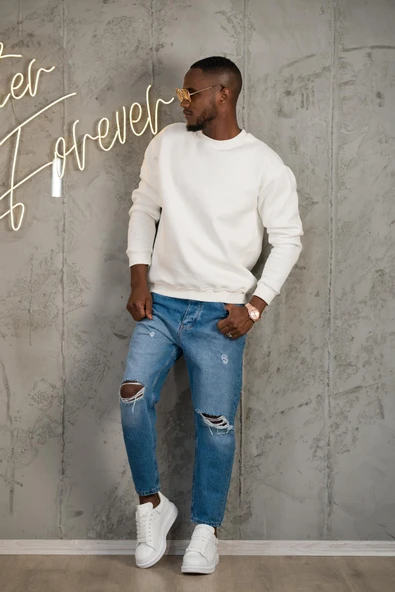 Oversize 3 İplik İçi Polarlı Bisiklet Yaka Basic Sweatshirt ürün görseli 1