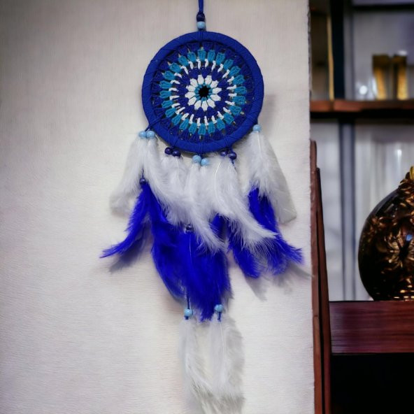 Nazar Boncuğu Desenli Bol Kuş Tüylü Lacivert Dream Catcher El Yapımı Duvar Dekoru ürün görseli 1