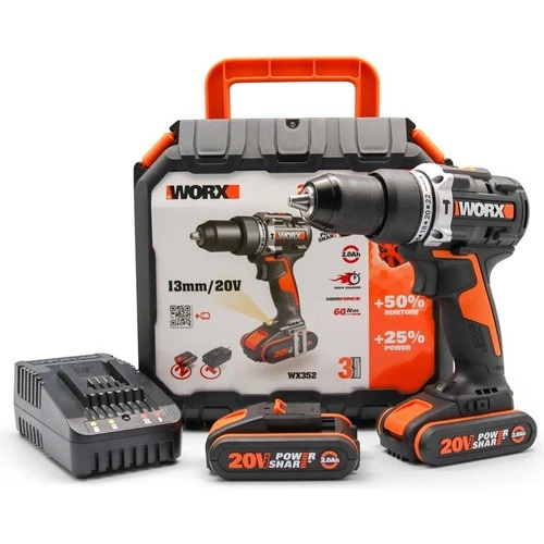 WORX WX352 20Volt/2.0Ah Li-ion Çift Akülü Kömürsüz Profesyonel Şarjlı Darbeli Matkap ürün görseli 1