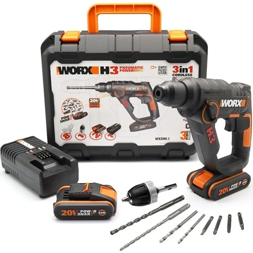 WORX WX390.1 20Volt 2.0Ah. Li-ion 1.2J Profesyonel SDS-Plus Pnömatik Çift Akülü Şarjlı Matkap + 8 Adet Uç + Mandren ürün görseli 1