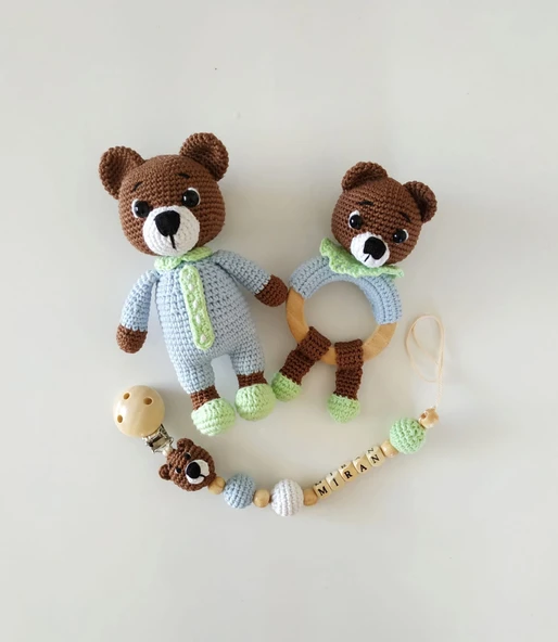 Pijamalı Ayıcık Yeni Doğan Takım Seti Amigurumi Organik Oyuncak ürün görseli 1