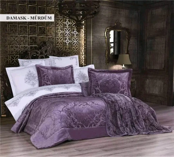Ecosse 10 Parça Çeyiz Seti (Battaniye+Nevresim Takımı+Yatak Örtüsü)-Damask Mürdüm ürün görseli 1