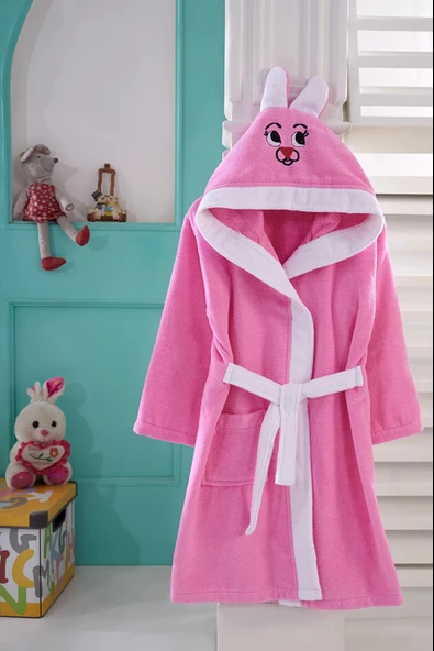 KIDS & BEYBİ çocuk pamuk kapşonlu bornozu 6-7 yaş pembe ürün görseli 1
