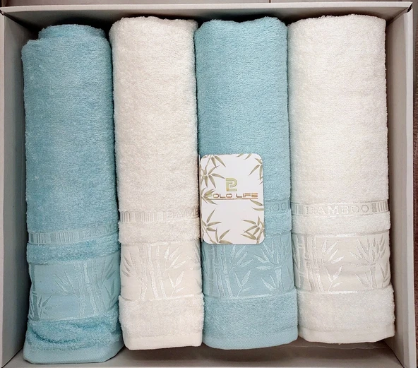 Polo Life 4 Parça Bamboo Hamam Seti (Büyük Boy), Banyo Havlu Takımı-Krem Turkuaz ürün görseli 1