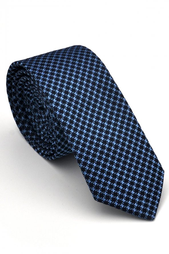 Mavi Kaz Ayağı Desenli Lacivert Dokuma Kumaş Mendilli Slim Fit Kravat // SDK230904 ürün görseli 1