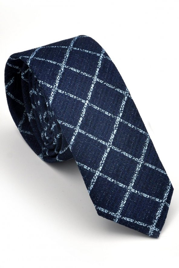 Mavi Kare ve Kırcıllı Desenli Lacivert Dokuma Kumaş Mendilli Slim Fit Kravat // SDK230912 ürün görseli 1