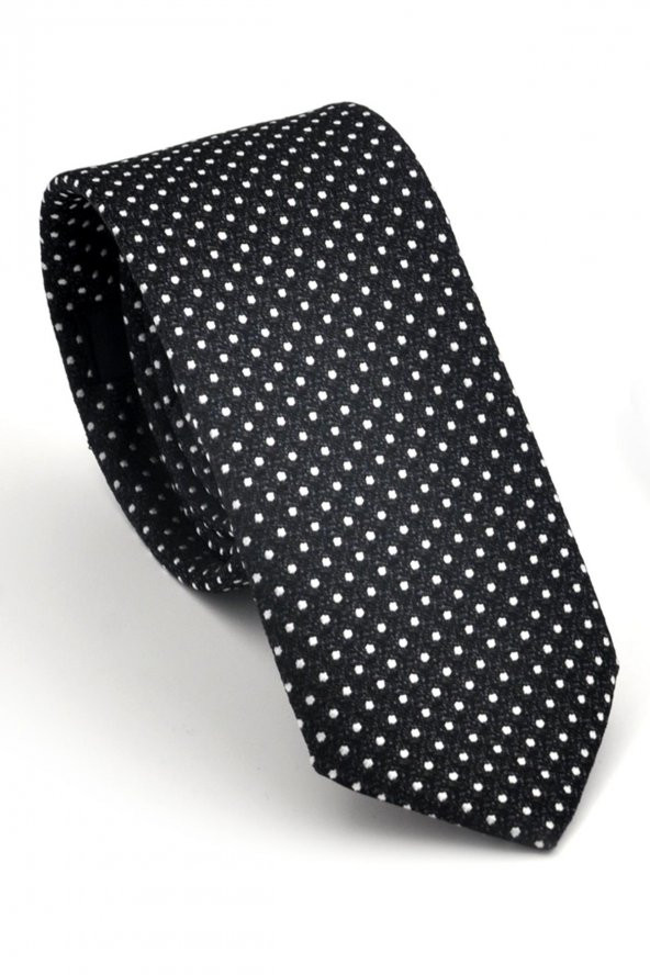 Beyaz Noktalı Puantiye Desenli Siyah Dokuma Kumaş Mendilli Slim Fit Kravat // SDK230913 ürün görseli 1