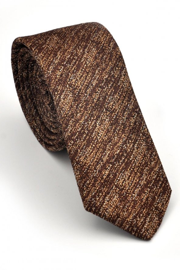 Bej Kırcıl Desenli Kahverengi Dokuma Kumaş Mendilli Slim Fit Kravat // SDK230920 ürün görseli 1