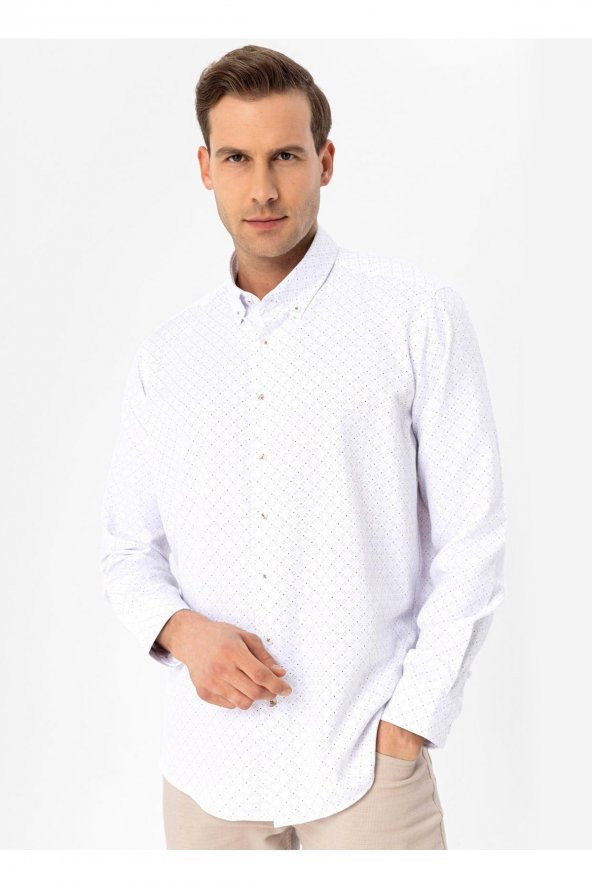 Regular Fit Düğmeli Yaka Baskılı Açık Kahve Erkek Gömlek Gm2006400319 ürün görseli 1