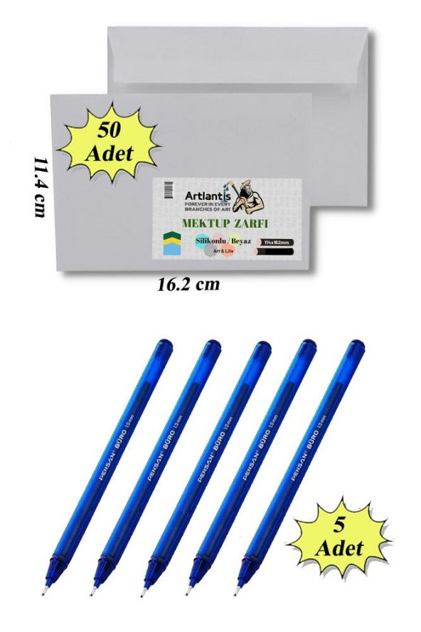 Düğün Para Takı Zarfı Ağzı Yapışkanlı 50 Adet Ve 5 Adet Tükenmez Kalem Artlantis Takı Zarfı Beyaz Yapışkanlı ürün görseli 1
