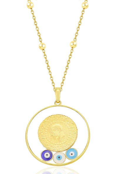 Gümüş altın yaldızlı top top zincirli nazarlı,çerçeveli, çeyrekli kolye SGTL12295GOLD ürün görseli 1