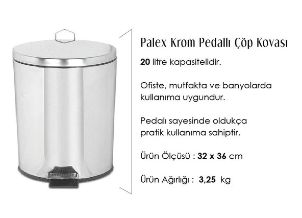 Palex Krom Pedallı Çöp Kovası 20 Litre - Resim 2