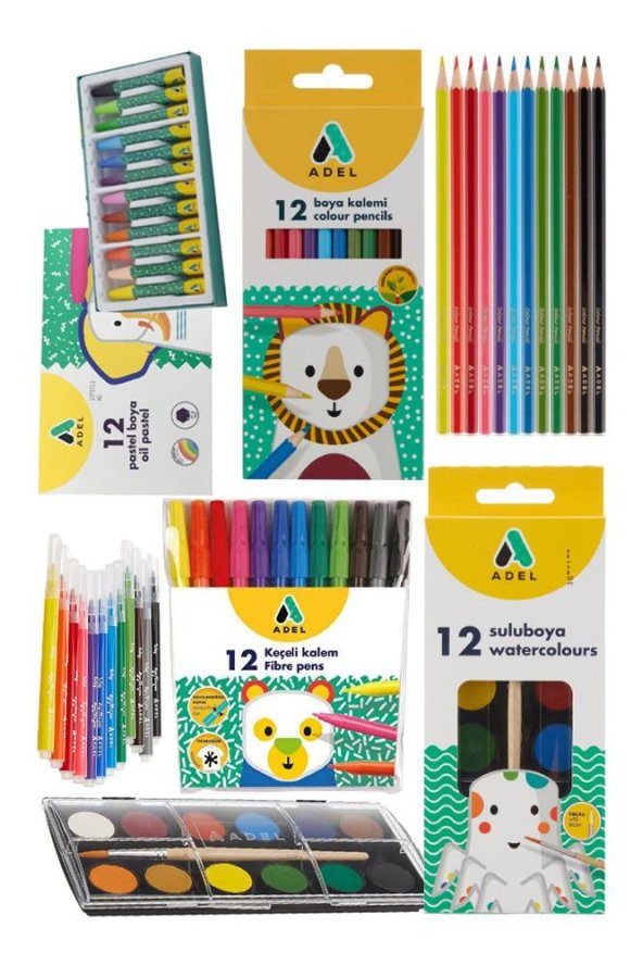 Öğrenci Okul Boyama Seti 4 lü Adel 12 Renk Pastel Boya Kuru Boya Sulu Boya Keçeli Kalem 12 li Boya Set Kreş Seti ürün görseli 1