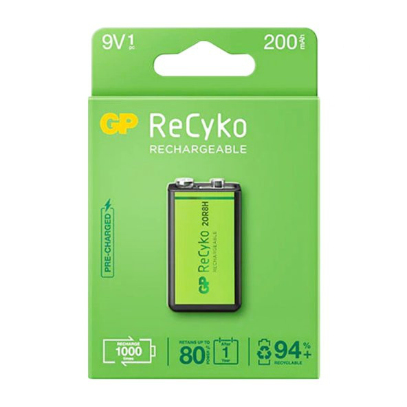 GP Batteries Recyko 200 Mah 9V Boy Ni-Mh Şarjlı Pil Tekli Paket ürün görseli 1
