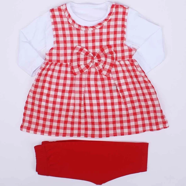 Kız Bebek Kırmızı Ekoseli Gofre 3'lü Takım ürün görseli 1