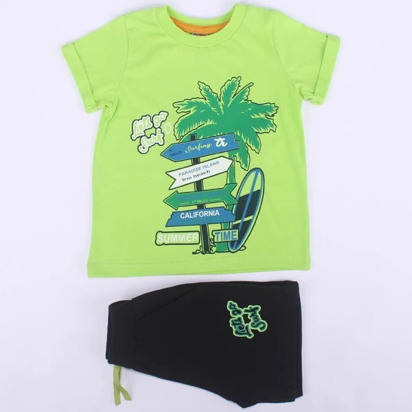 Erkek Çocuk Yeşil Laci Summer Time Yazılı Tabela Baskılı Şortlu 2'li Takım ürün görseli 1