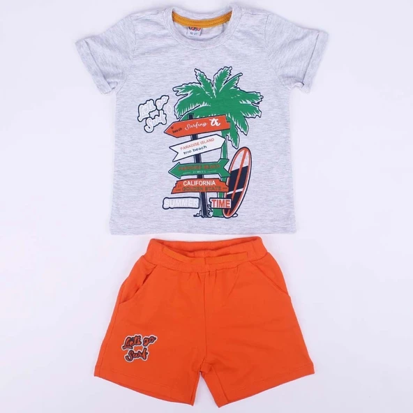 Erkek Çocuk Gri Turuncu Summer Time Yazılı Tabela Baskılı Şortlu 2'li Takım ürün görseli 1