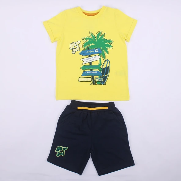 Erkek Çocuk Sarı Laci Summer Time Yazılı Tabela Baskılı Şortlu 2'li Takım ürün görseli 1