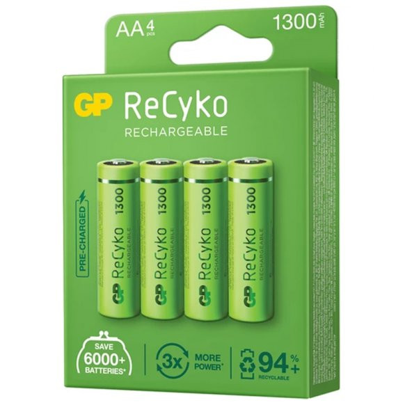 GP Recyko 1300Mah NI-MH R6 Şarjlı AA 4'Lü Kalem Pil ürün görseli 1