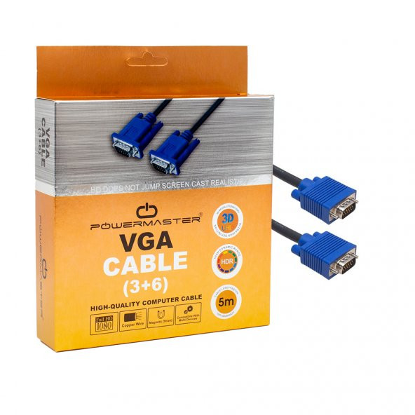 Powermaster VGA155 Siyah 15 Pin 3+6 Erkek-Erkek 5 Metre VGA Kablosu ürün görseli 1