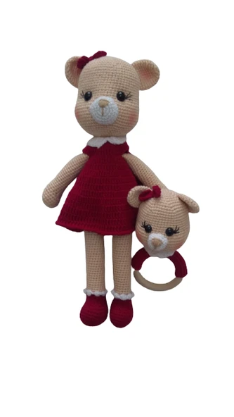 Tatlı Ayıcık Uyku Arkadaşı ve Çıngırak Amigurumi Organik Oyuncak ürün görseli 1
