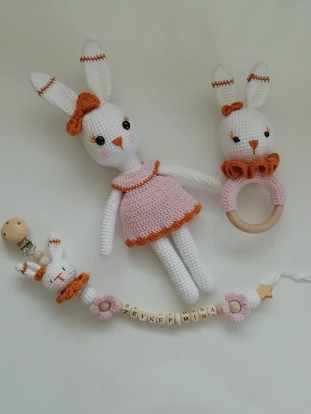 Sevimli Tavşan Uyku Arkadaşı Seti Amigurumi Organik Oyuncak ürün görseli 1