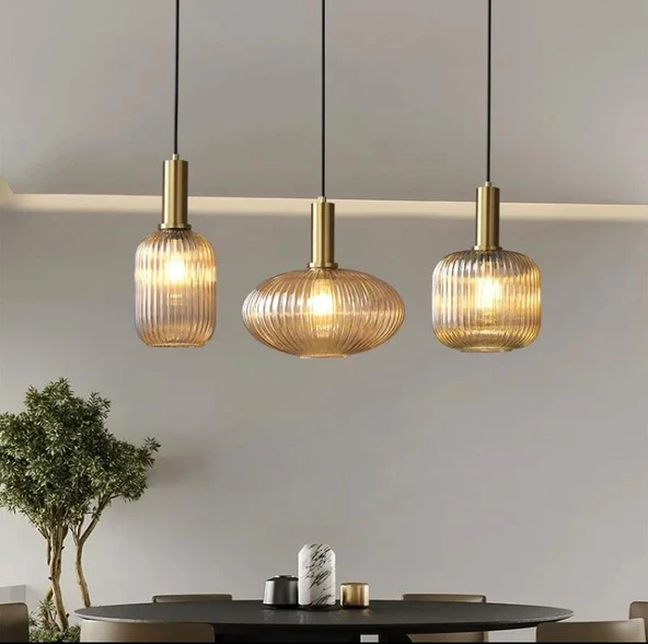 Rsylight Rustik Dekoratif Metal Modern Masa Üstü Eskitme Kaplama Bal Opal Camlı 3 lü Avize ürün görseli 1