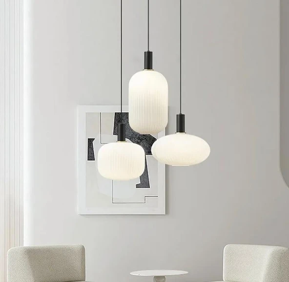 Rsylight Rustik Dekoratif Metal Modern Yuvarlak Siyah Beyaz Opal Camlı 3 lü Avize ürün görseli 1