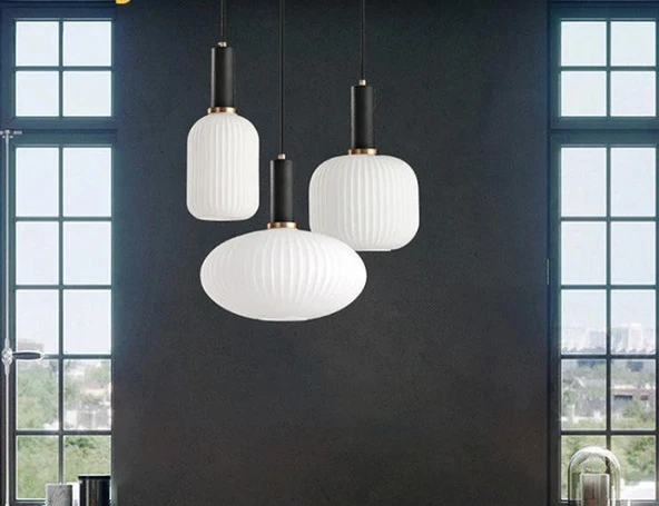Rsylight Rustik Dekoratif Metal Modern Yuvarlak Siyah Beyaz Opal Camlı 3 lü Avize ürün görseli 1