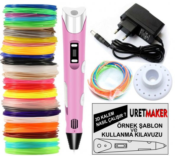 PEMBE Renk 3D Pen Kalem Yazıcı ve 30 metre PLA Filament (10 renk x 3 metre) ürün görseli 1