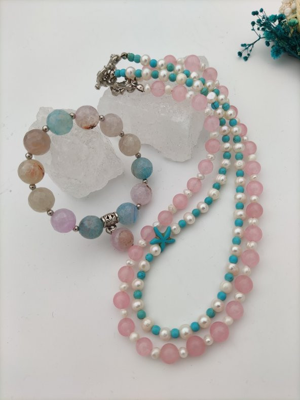STONEAGE Pembe Kuvars ve İnci Şifa Kolyesi - Resim 2
