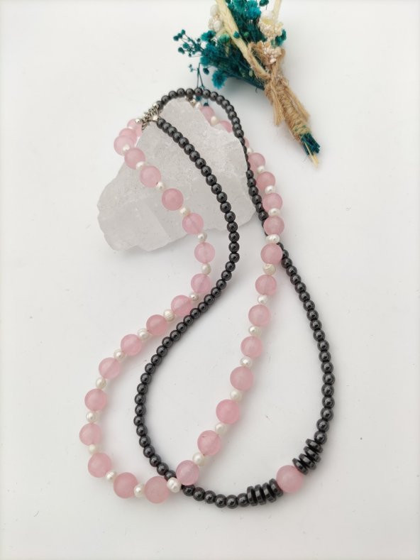 STONEAGE Pembe Kuvars ve Hematit Taşlı Şifa Kolyesi - Resim 2