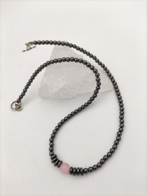 STONEAGE Pembe Kuvars ve Hematit Taşlı Şifa Kolyesi - Resim 3