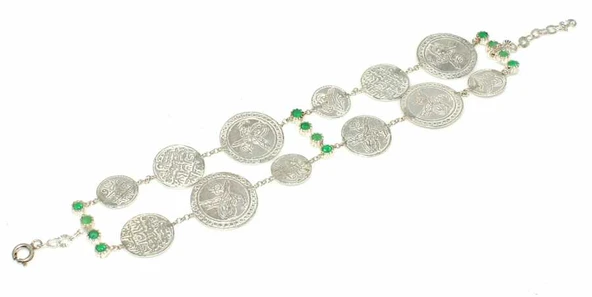 925 Ayar Gümüş Zümrüt Taşlı Paralı Bileklik ürün görseli 1