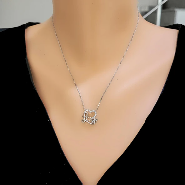 925 Ayar Gümüş Love Yazılı Kalp Kolye, Beyaz - Beyaz Taş ürün görseli 1