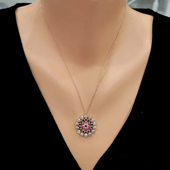 925 Ayar Gümüş Yuvarlak Taşlı Kolye, Pembe - Siyah Kırmızı Beyaz Taş ürün görseli 1