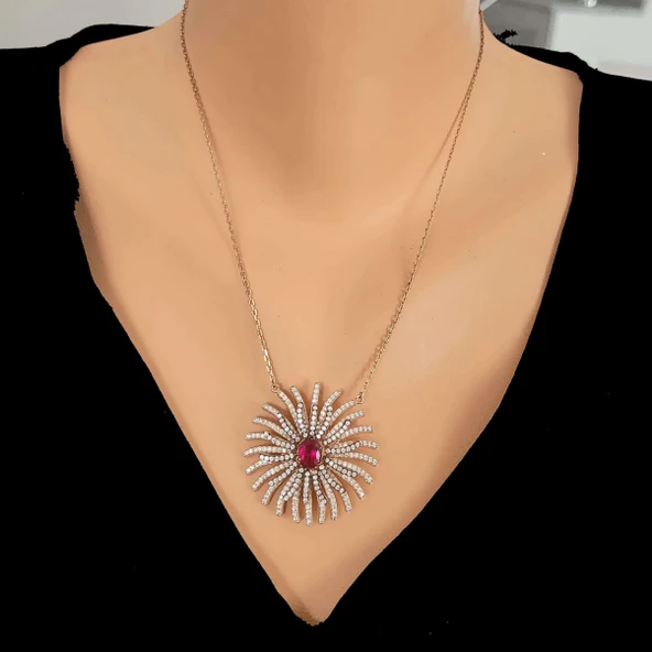 925 Ayar Rose Gümüş Yakut Taşlı Tılsım Kolye ürün görseli 1