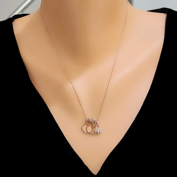 925 Ayar Gümüş İçiçe Tektaş Kelebek Modeli Kolye, Pembe - Beyaz Taş ürün görseli 1
