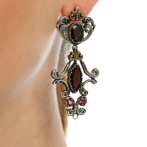 925 Ayar Gümüş ve Bronz Karışımı Garnet Taşlı Otantik Küpe ürün görseli 1