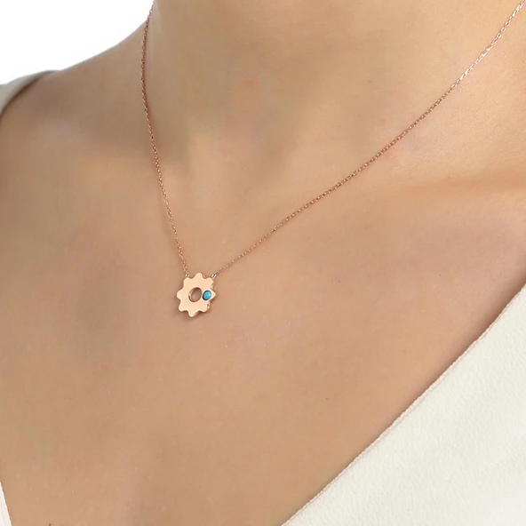 925 Ayar Rose Gümüş Mavi Taşlı Çiçek Kolye ürün görseli 1