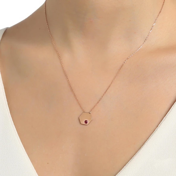 925 Ayar Rose Gümüş Kırmızı Taşlı Altıgen Kolye ürün görseli 1