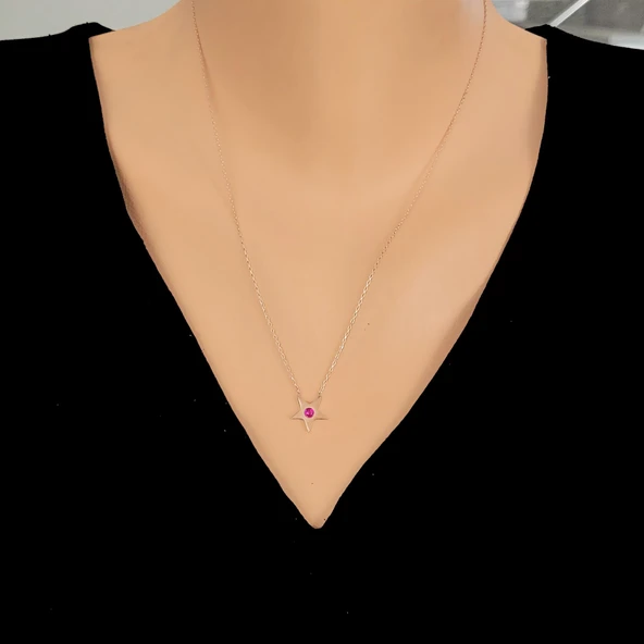 925 Ayar Rose Gümüş Kırmızı Taşlı Yıldız Kolye ürün görseli 1
