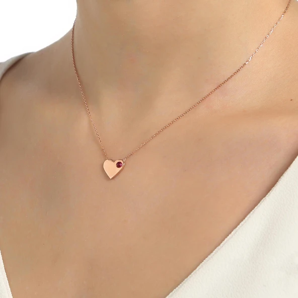 925 Ayar Rose Gümüş Kırmızı Taşlı Kalp Kolye ürün görseli 1