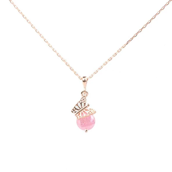 925 Ayar Gümüş Buzlu Pink Quartz Taşlı Kelebek Kolye ürün görseli 1