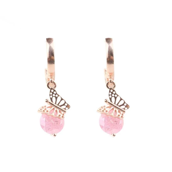 925 Ayar Gümüş Buzlu Pink Quartz Taşlı Kelebek Küpe ürün görseli 1