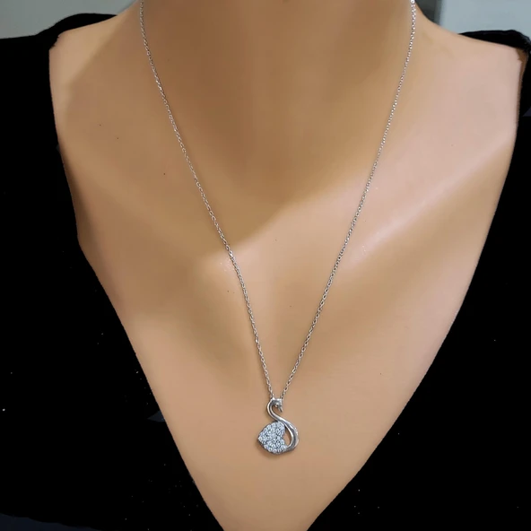 925 Ayar Gümüş Taşlı Kalp ve Kuğu Kolye ürün görseli 1